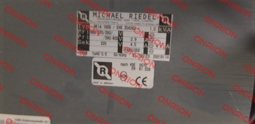 P/N: 0053/00000196 Type: REIA1000 1000VA IP00 Michael Riedel Transformatorenbau